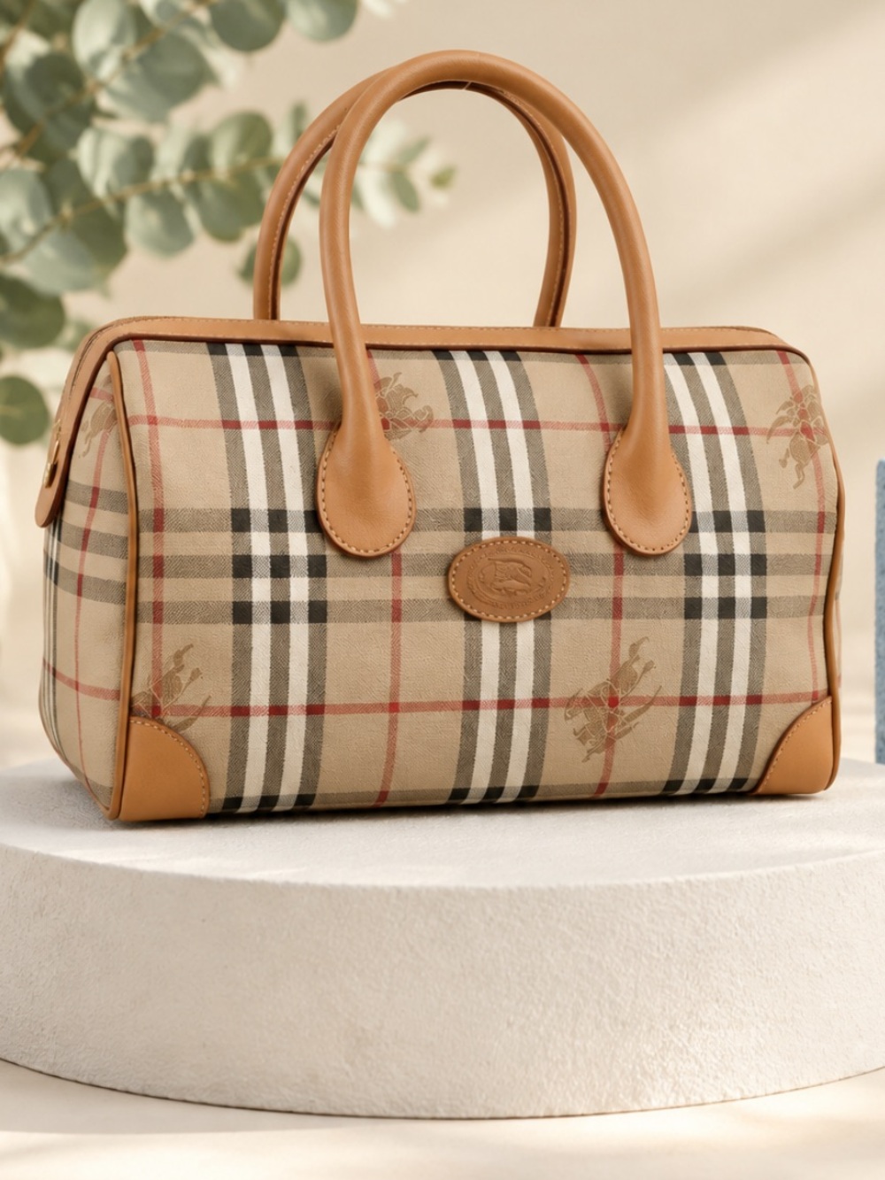 Burberry Nova Check Boston Bag in Beige and Tan.